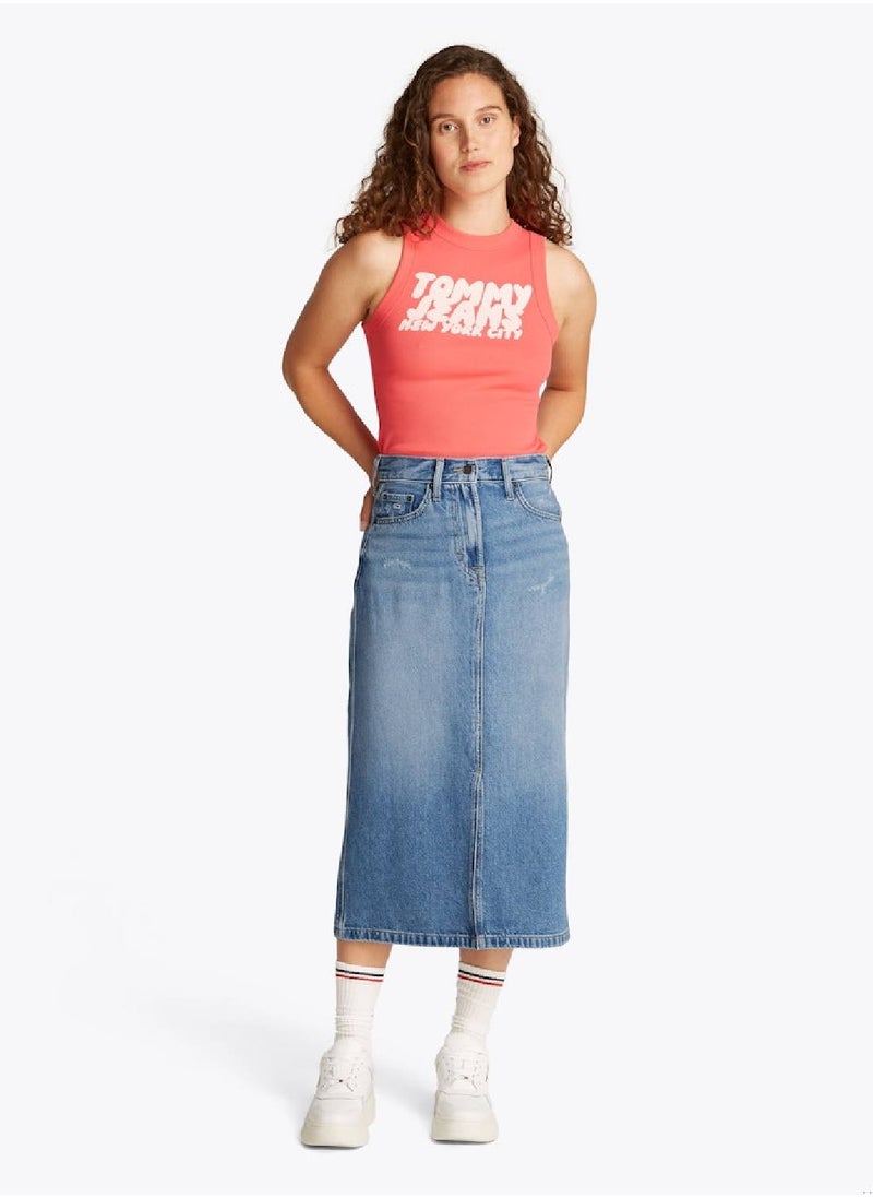Women's Denim Midi Skirt - Cotton, Blue