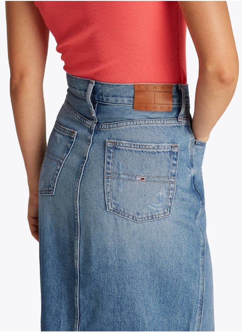 Women's Denim Midi Skirt - Cotton, Blue