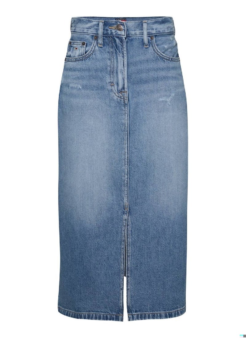 Women's Denim Midi Skirt - Cotton, Blue