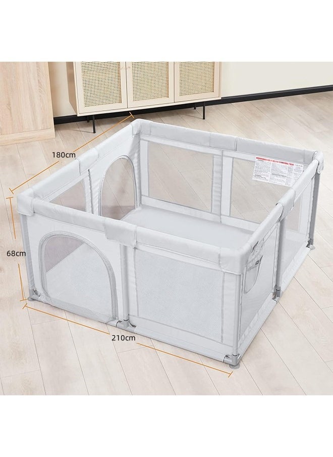 Baby Playpen, Large Baby Playard, Indoor & Outdoor Kids Activity Center with Anti-Slip Base, Sturdy Safety Play Yard with Breathable Mesh, Kid's Fence for Infants Toddlers (Grey, 180×210cm)