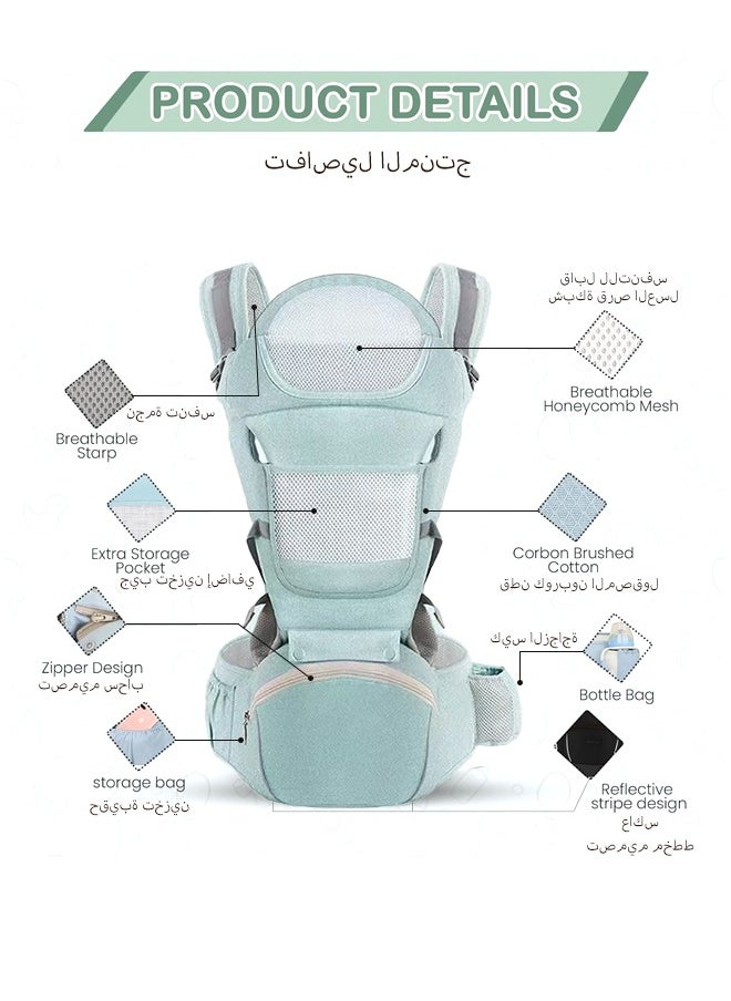 6-in-1 Baby Carrier with Hip Seat, Multifunctional Waist Carrier for Walking, Shopping, Hiking, Travel- Adjustable Hip Seat Baby Carrier for 0-36 Months Baby, Gift Box Packaging (Green)