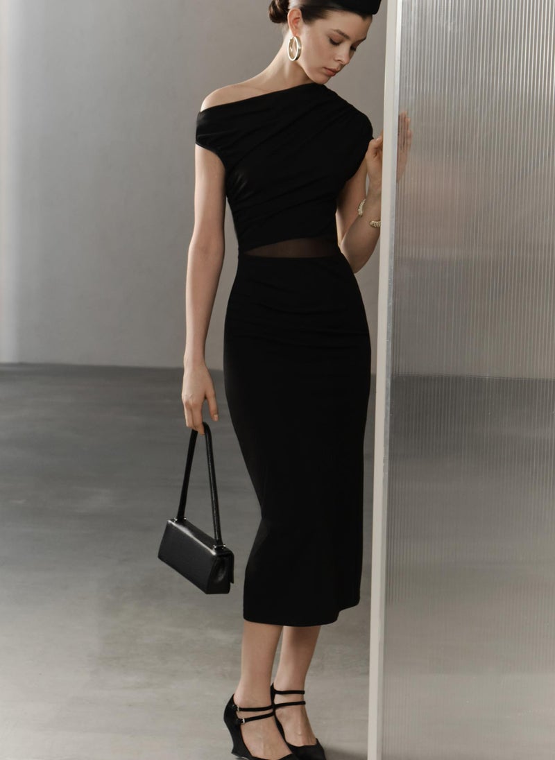 One shoulder midi dress with mesh at the waist