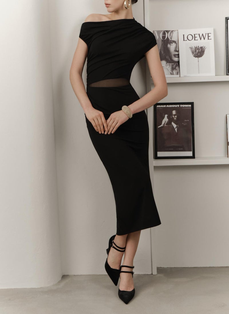 One shoulder midi dress with mesh at the waist