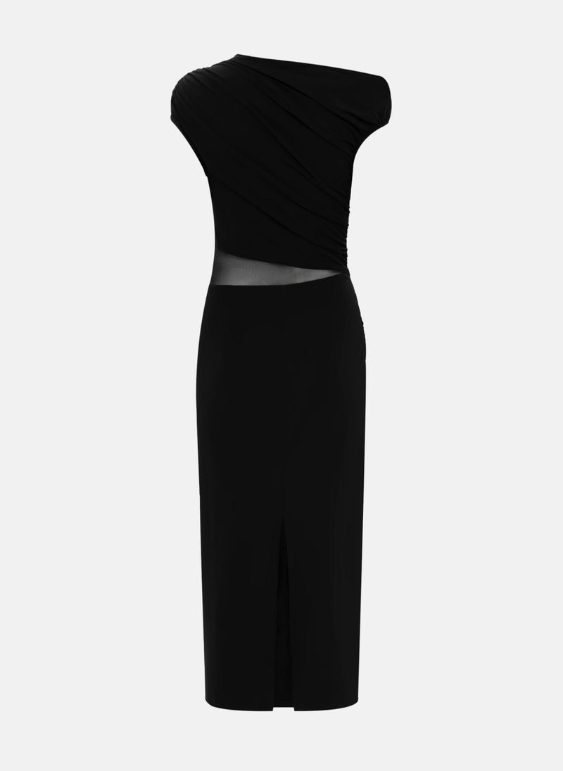 One shoulder midi dress with mesh at the waist