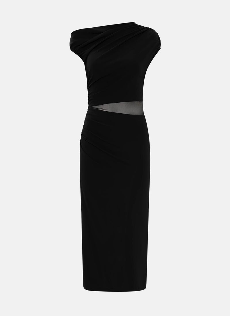 One shoulder midi dress with mesh at the waist