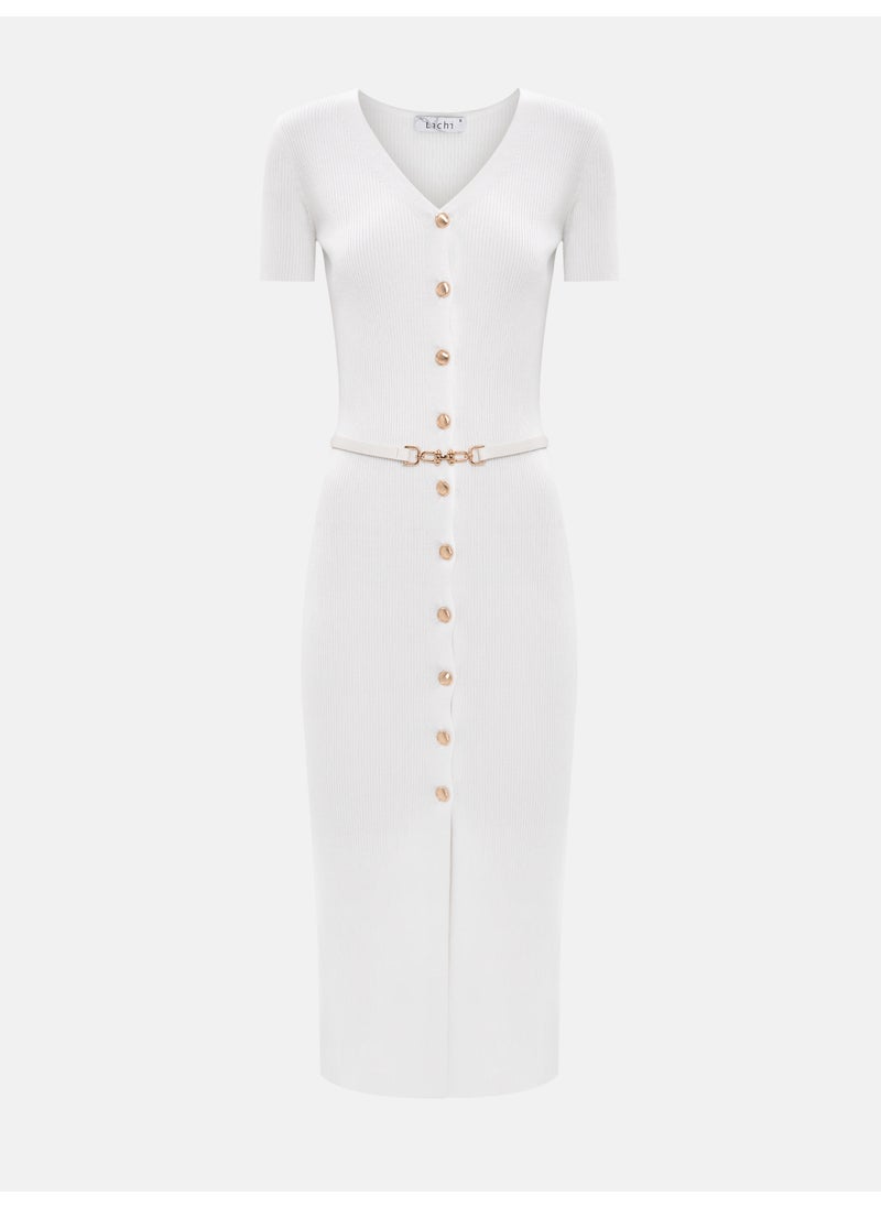 Knitted midi dress with buttons at the front and matching belt