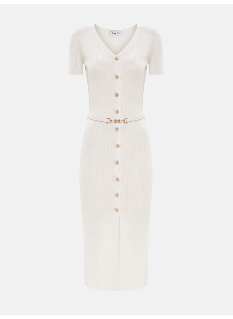 Knitted midi dress with buttons at the front and matching belt