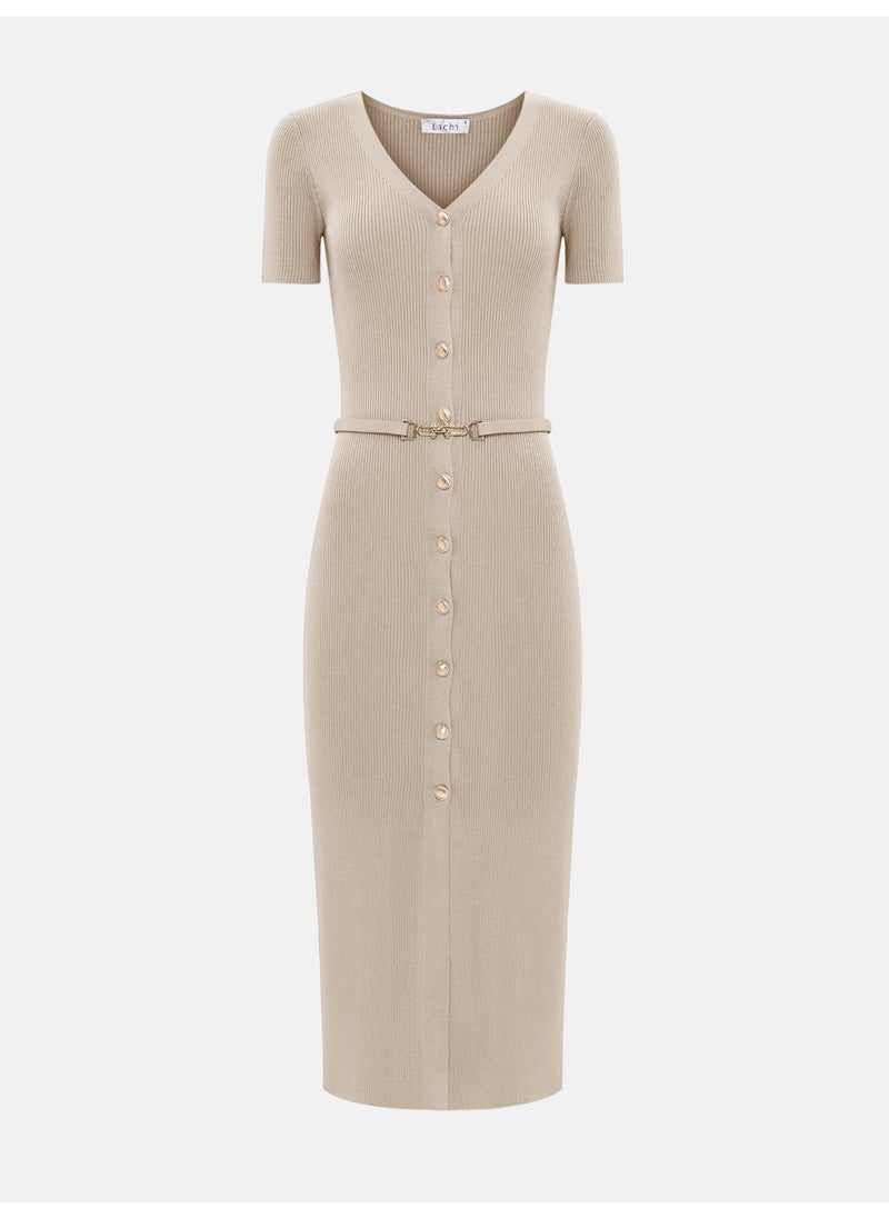 Knitted midi dress with buttons at the front and matching belt