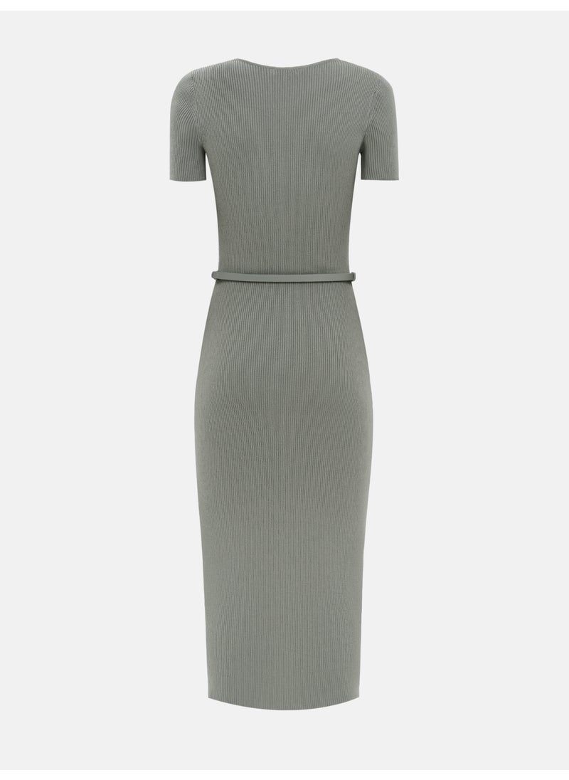 Knitted midi dress with buttons at the front and matching belt