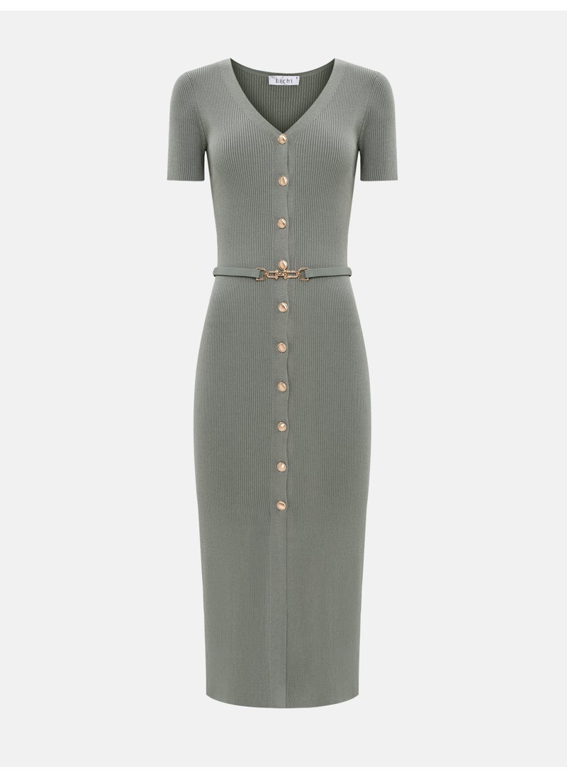 Knitted midi dress with buttons at the front and matching belt