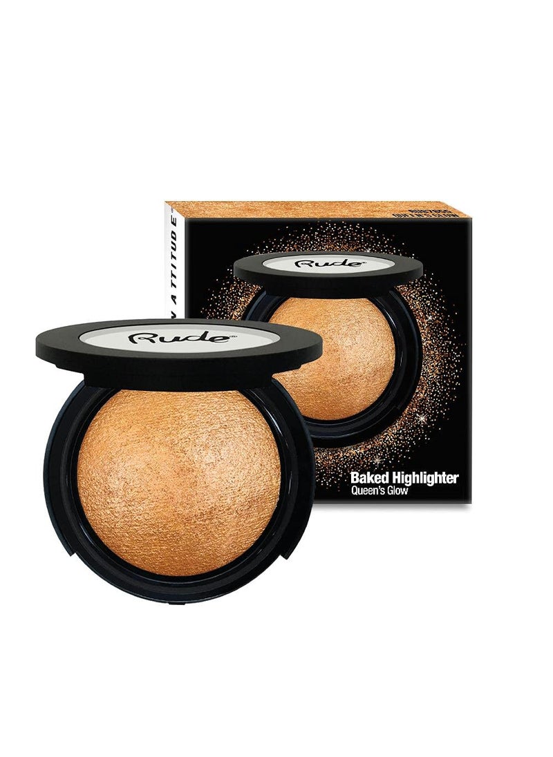 RUDE Baked Highlighter - Queens Glow: Sheer Metallic Finish, Powder, Metallic, Neutral, Gold, Bronze, Pink, Silver, Palette