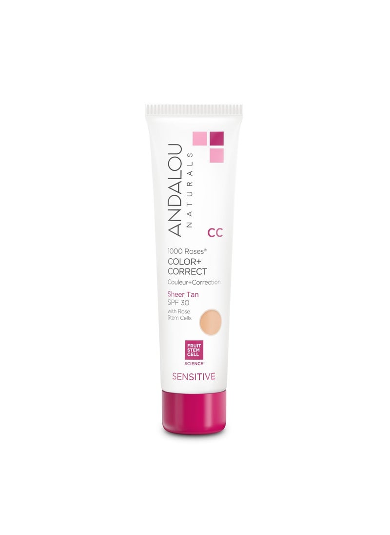 Andalou Naturals 1000 Roses CC Color + Correct with SPF 30, Sheer Tan, 2-in-1 Face Sunscreen + CC Cream for Sensitive Skin, Helps Correct Uneven Skin Tone, Reef Safe Sunscreen, 2 Fl Oz