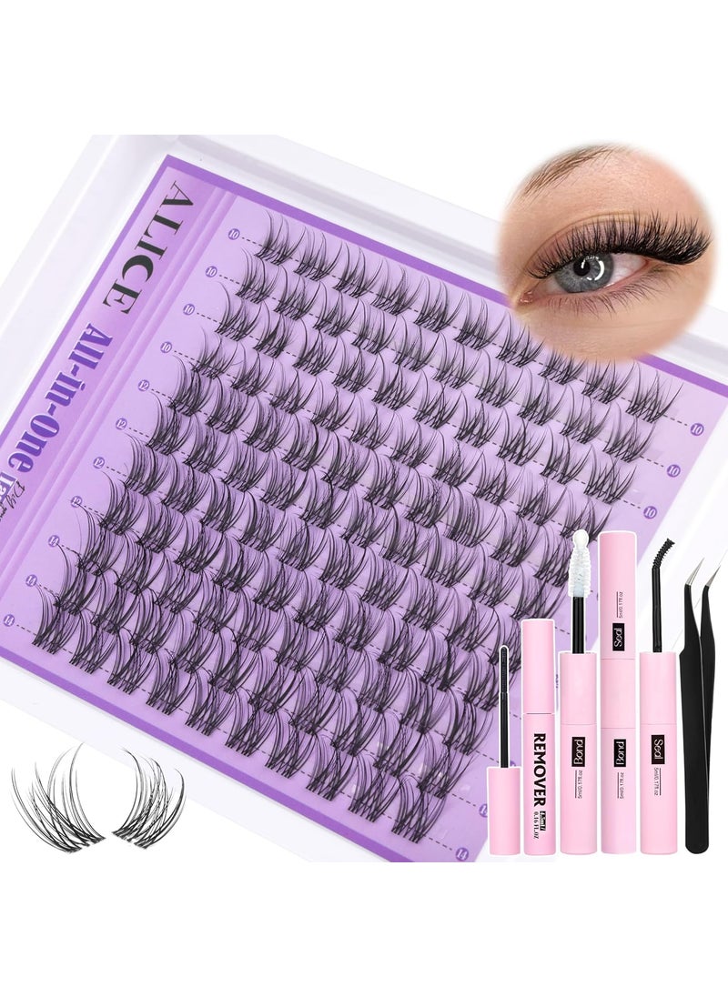 ALICE Natural Lash Extensions Kit Invisible Band Lash Clusters Kit Wispy10-14mm Eyelash Extensions C Curl Individual Cluster Lashes Kit with Lash Remover DIY at Home