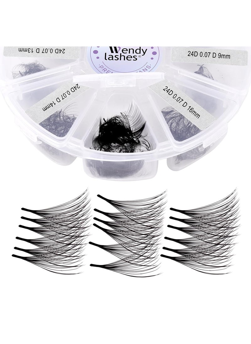 Premade Fans Eyelash Extensions Mixed Tray 500 Fans, Handmade Volume Premade Lashes 10D-30D, D Curl Pointed Thin Base Professional Grade for Fuller Dramatic Eyelashes(24D-0.07-D-9-16 Mix)