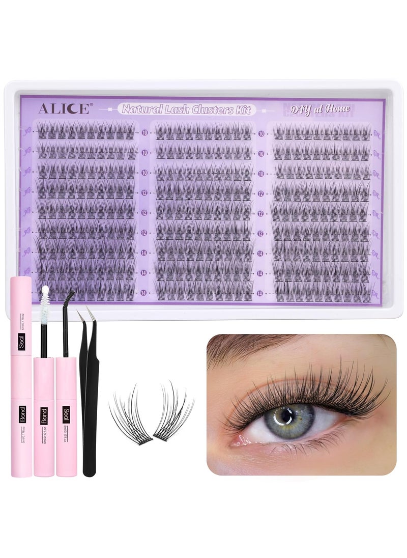ALICE Natural Lash Clusters Kit Wispy Lash Extension Kit Thin Band Cluster Eyelash Extension Kit 270pcs C Curl 10-14mm Individual Lashes with Lash Glue Bond and Seal Self Application at Home