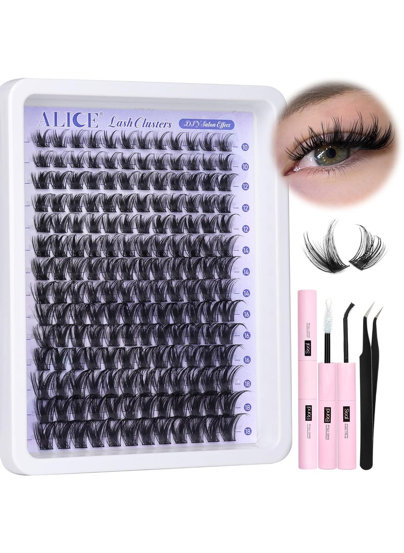 ALICE Lash Clsusters Kit Wispy Cluster Eyelash Extension Kit 168pcs 10-18mm Natural Fluffy Lash Extension Kit Thin Band Individual Lashes Kit with Lash Glue Bond and Seal DIY at Home