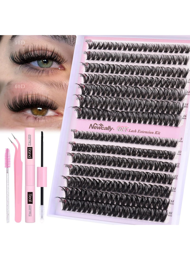 Newcally Lash Clusters Kit Wispy DIY Lash Extension Kit Fluffy Cluster Eyelashes Extension Natural Look D Curl Individual Lashes Kit 9-16MM Faux Mink Cluster Lashes(50D+60D, 0.07D)