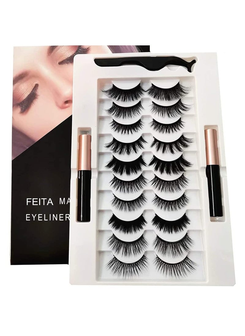 FEITA Upgraded Magnetic Eyelashes Kit with Eyeliner - 10 Pairs Magnetic False Lashes Natural Look with Applicator, 2 Tubes Magnetic Eyeliner - Easy to Apply & No Glue Needed