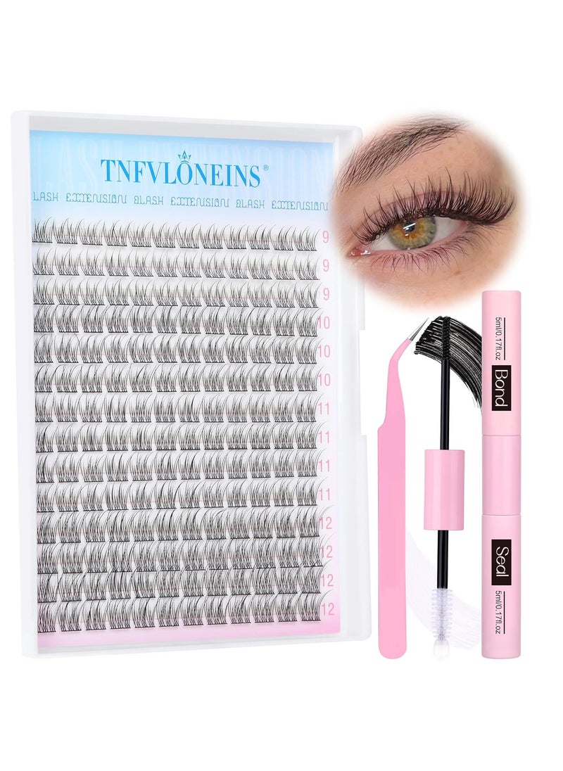 Natural Lash Extension Kit 168Pcs Lash Clusters Kit Wispy Eyelash Extensions 9-12MM Individual Lashes Extensions with Bond and Seal Lash Glue and Eyelash Extension Tweezers DIY at Home by TNFVLONEINS