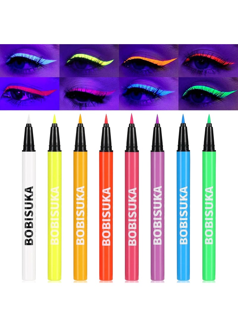 BOBISUKA 8 Colors UV Neon Liquid Eyeliner Set, Matte Colored Eyeliners Pen, Colorful Waterproof Smudge-proof Pigmented Graphic Liners, Delineadores de Colores Para Ojos Eye Makeup Gift Kit