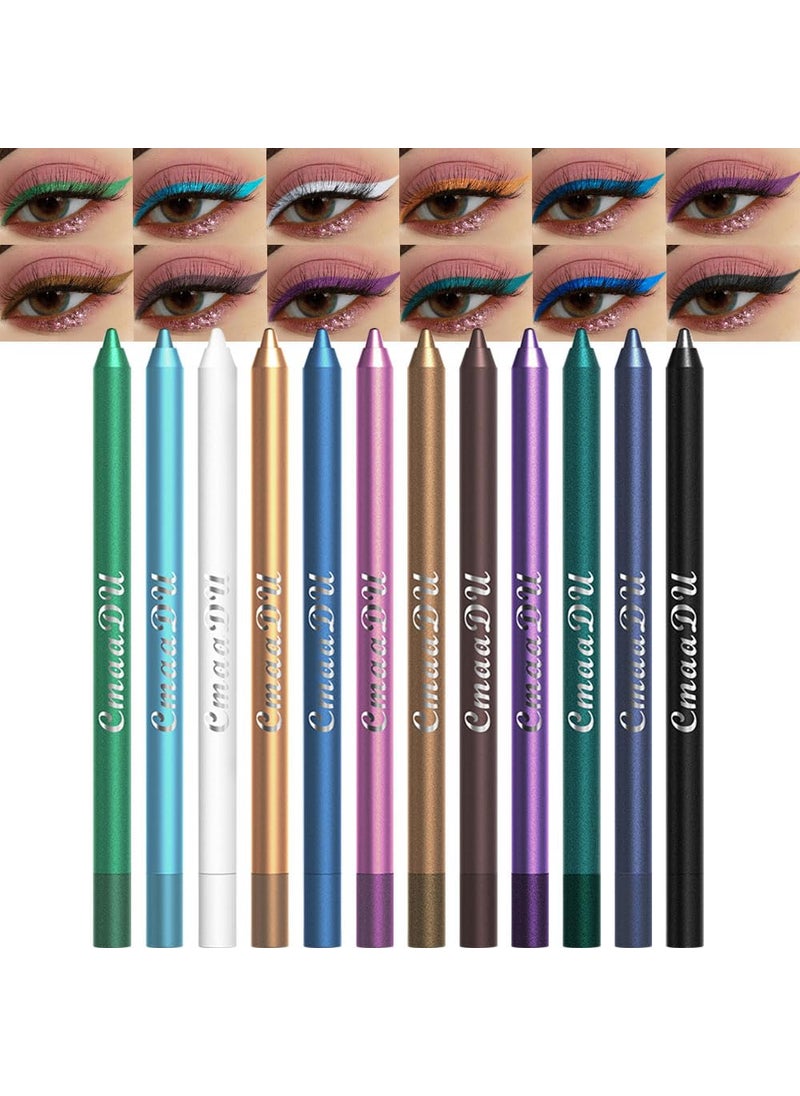 12Pcs Colored Gel Glitter Eyeliner Pencils Set Dark Light Emerald Green Sky Royal Blue Black White Pink Purple Brown Gold Eyeliner Pencils Eye Liner Liquid Liner Waterproof Smudge Proof delineadores