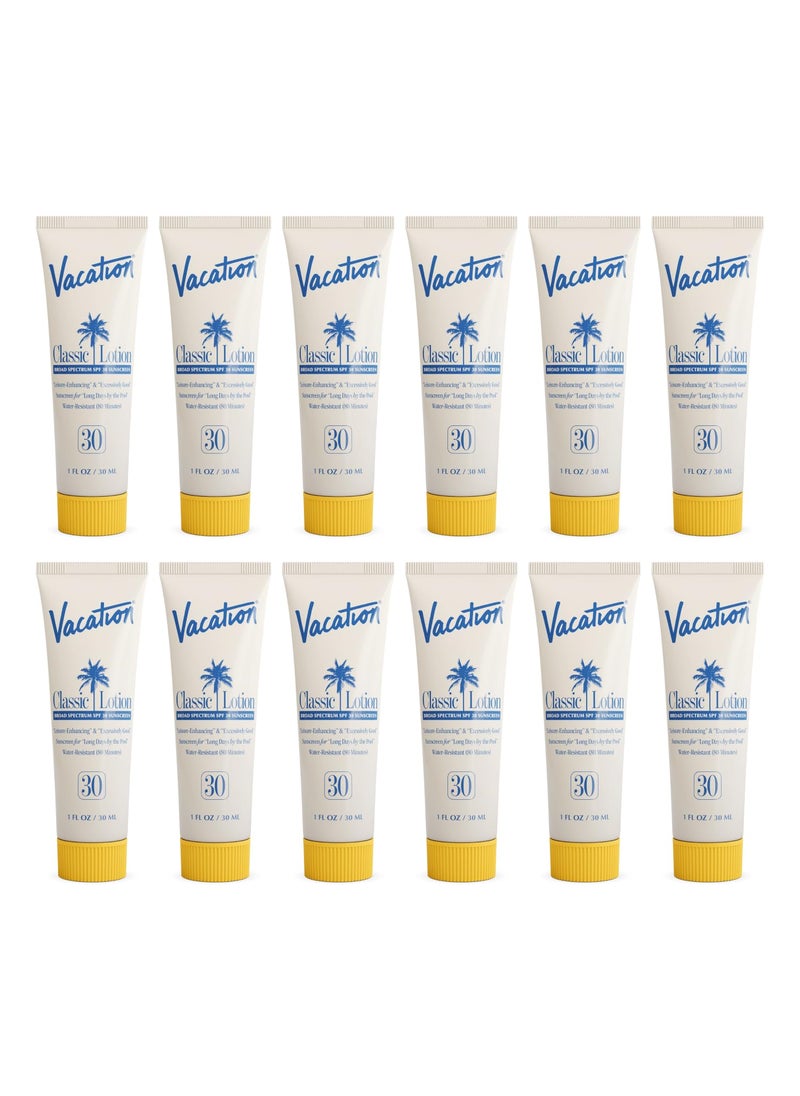 Vacation Mini Classic Sunscreen SPF 30, Water-Resistant, Bulk Suntan Lotion, Bachelorette Party Favors, Beach Must Haves, Traveling Essentials, Travel Size, 1 Fl. Oz. (Value Pack of 12)