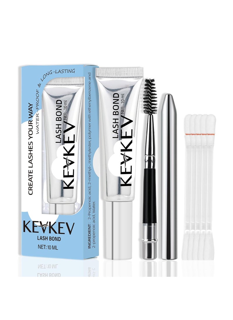 KevKev Lash Glue 10ml Eyelash Glue for Lash Clusters Lash Extension Waterproof Lash Bond Lasting 48-72 Hours Lash Cluster Glue with Lash Brush and Eyelash Remover Cotton Swabs Set (10ml, Clear)