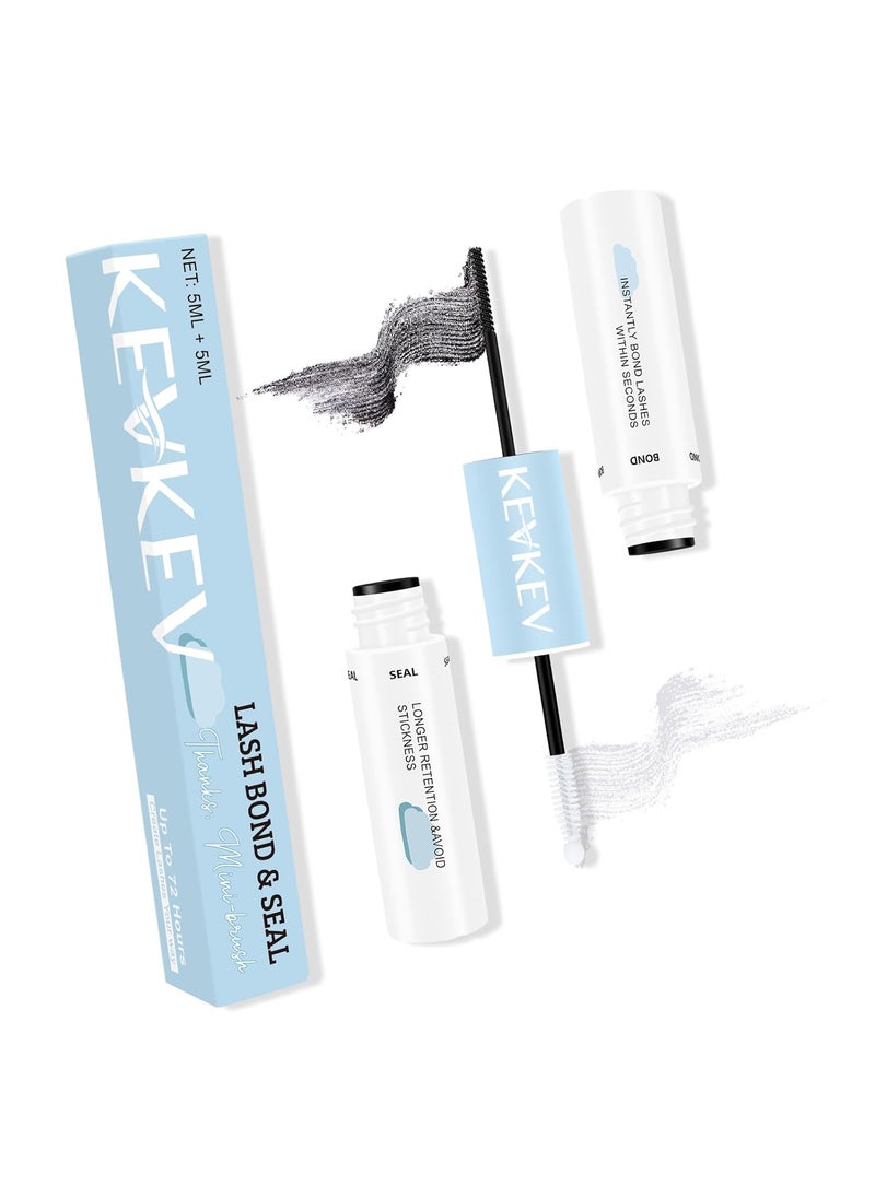 KevKev Lash Bond and Seal Waterproof Bond and Seal Lash Glue for Lash Clusters Mascara Wand Cluster Lash Glue Eyelash Bond and Seal Strong Hold for 72 Hours Avoid Stickiness (5ml+5ml)