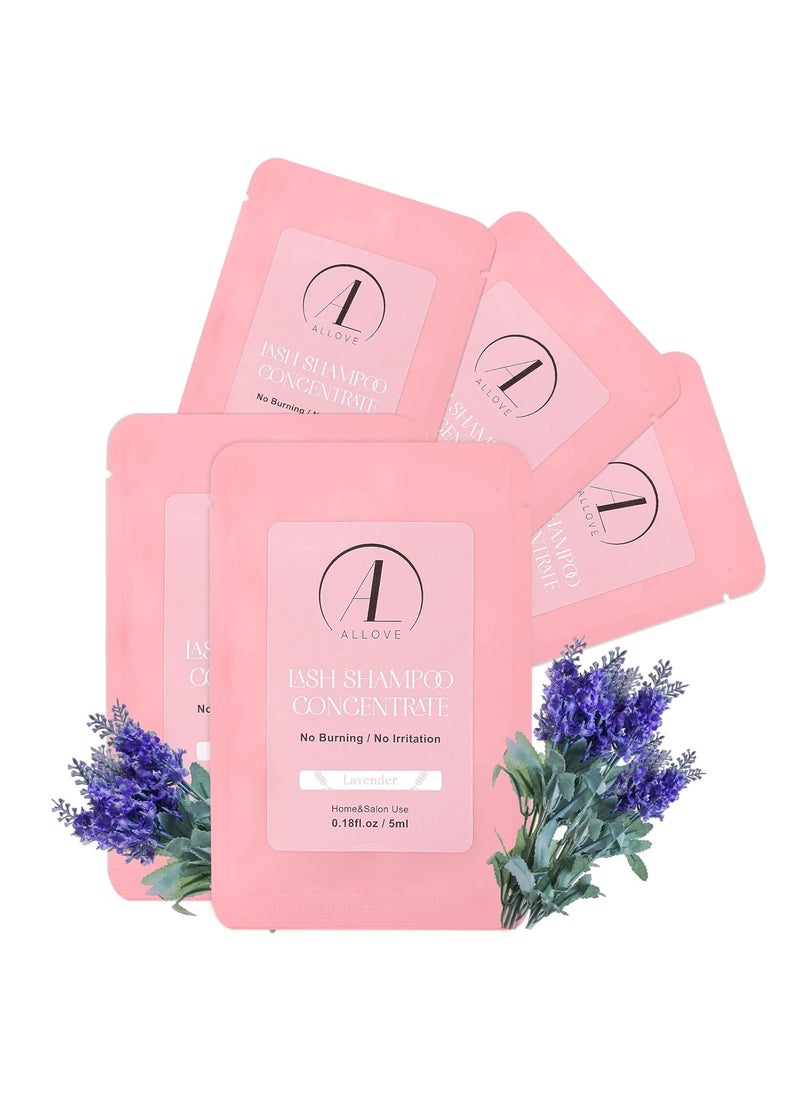 ALLOVE Lash Shampoo for Extensions - 5ml Concentrate (5 Pack), Sensitive, Non-Irritating Cleanser for Salon & Home Use - Lavender Scent