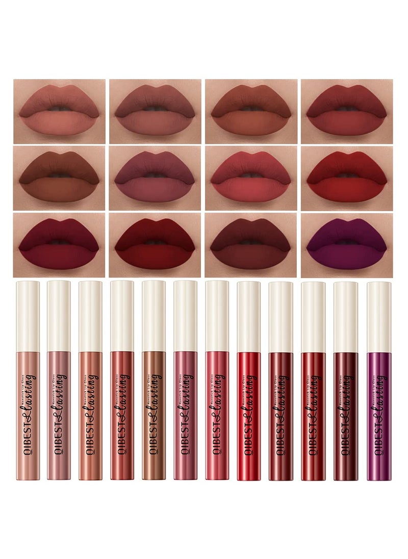 QiBest 12Pcs Matte Liquid Lipstick Set for Girls & Women, 24 Hours Long Lasting Waterproof Nude & Dark Red Lip Gloss Makeup Gift Kits, Velvet Non-Stick Cup Mate Duracion 24 Horas Originales Lip Stains