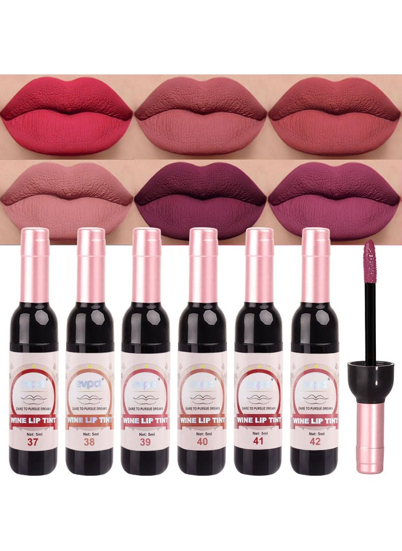 evpct Wine Bottle Lip Tint Stain 6 Colors Set Rose Red Chestnut Nude Brown Dark Plum Purple Matte Long Lasting 24 Hour Liquid Lipstick Set for Women labiales mate 24 horas originales labiales magicos