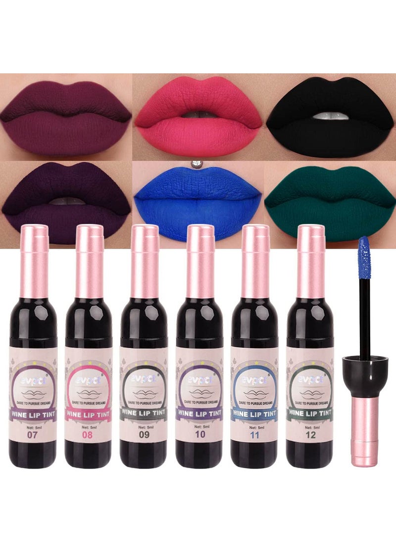 evpct 6 Colors Dark Black Blue Green Purple Rose Red Matte Liquid Lipstick for Women, Wine Lip Tint Stain Makeup Sets Long Lasting Waterproof Wine Bottle Colored 24 Hours Lipstick Lip Stain Peel off