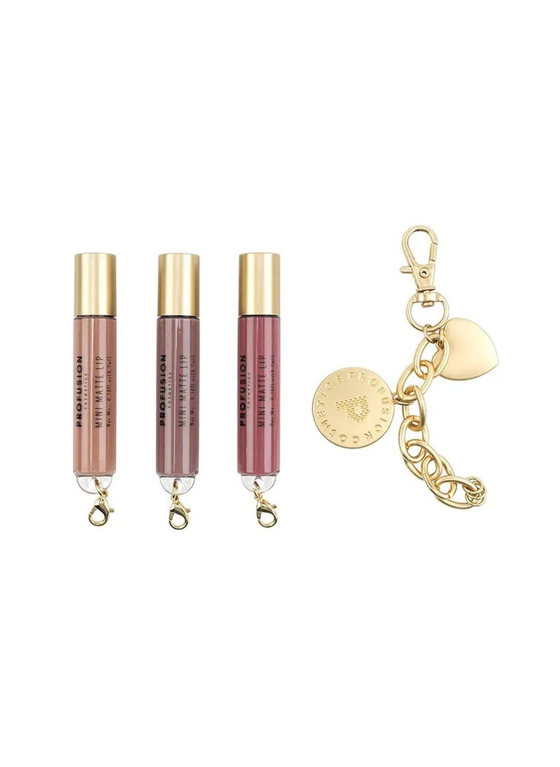 Profusion Cosmetics Charming Lips, 3 PC Mini Matte Lips and Keychain Charm, Get Glam with Long Wearing, Non Drying, and Vibrant Colored Makeup Essentials, Must Have Set for Beauty Enthusiasts