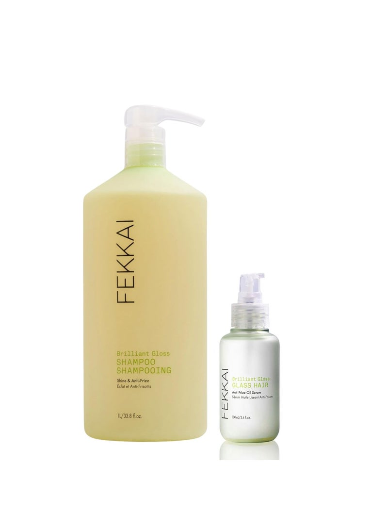 Fekkai Brilliant Gloss Shampoo (1 Liter) + Brilliant Gloss Glass Hair Anti-Frizz Oil Serum (3.4 oz) - Free of Sulfates, Parabens, Phthalates - Vegan, Cruelty-Free