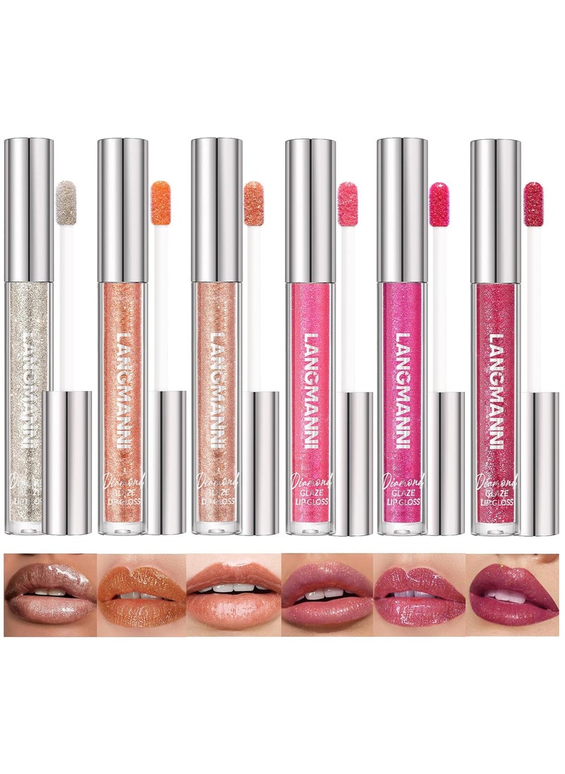 LANGMANNI 6 Colors Diamond Glitter Lip Gloss Set,Long Lasting High Shine Shimmer Liquid Lipstick Set,Hydrating,Moisturizing Lip Gloss Kit Gift Makeup For Girls(#01+02+03+04+05+06)