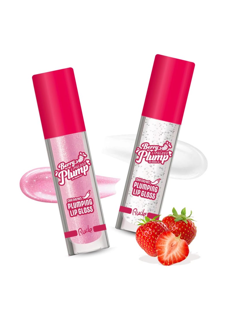RUDE Cosmetics Berry Plump Lip Plumper Set, Plumping Lip Gloss for Women, Hydrating Cute Lipgloss Plump with Hyaluronic Acid, Shea Butter, Vitamin E & Chili Extract, Vegan, Pink Sugar & Clear
