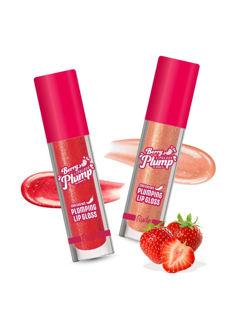 RUDE Cosmetics Berry Plump Lip Plumper Set, Plumping Lip Gloss for Women, Hydrating Cute Lipgloss Plump with Hyaluronic Acid, Shea Butter, Vitamin E & Chili Extract, Vegan, Fairy & Strawberry