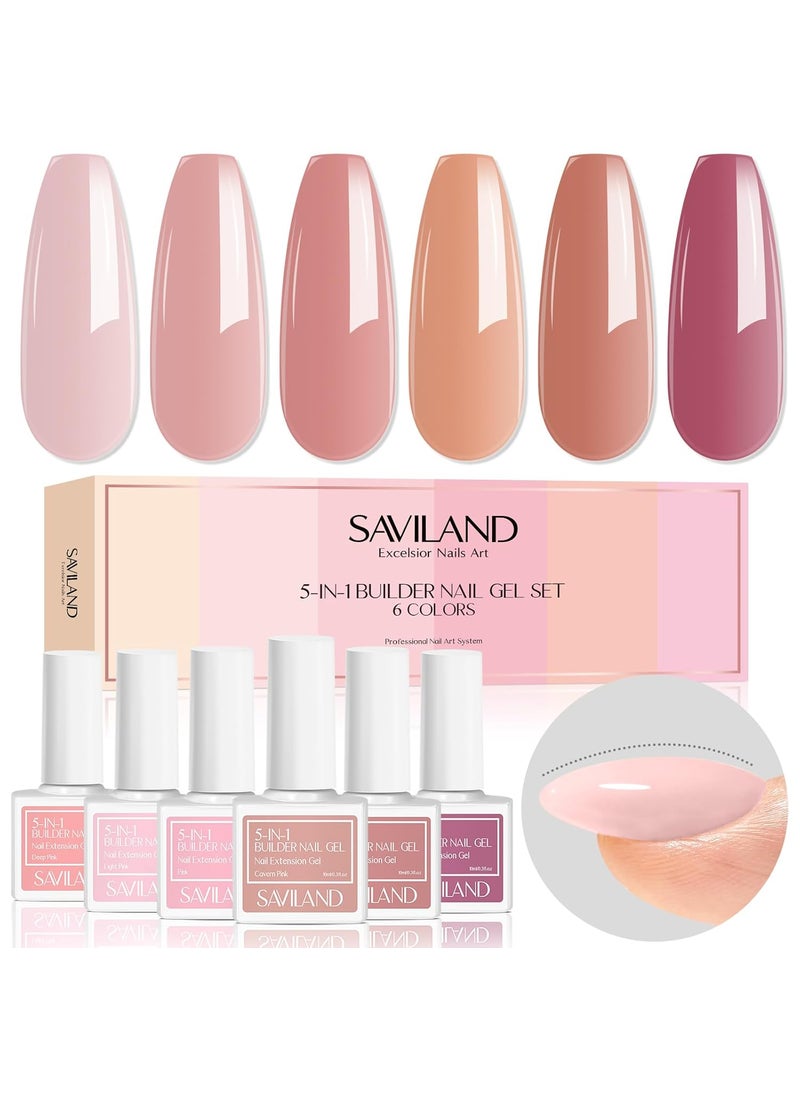 SAVILAND 10 ML Builder in A Bottle: 6 Colors 5-in-1 Sheer Pink Gel Builder Set Nail Strengthener Extension Kit Hard Gel for Nails Thickening & Repair, as Gift for Women