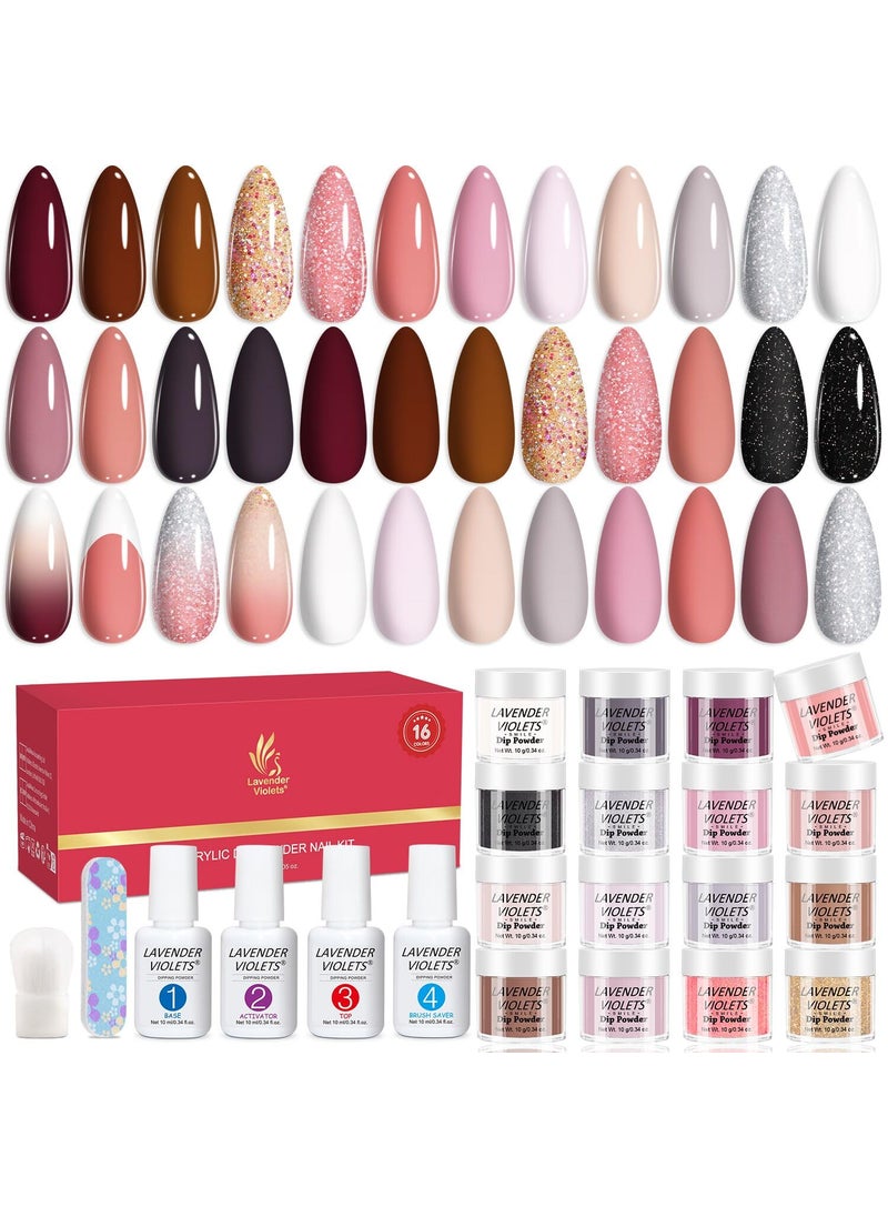 Lavender Violets 22 Pcs Dip Powder Nail Kit Starter - 16 Colors Nude Pinkish Brown Skin Tone with Base Top Coat, Activator, Brush Saver, Nail Buffer and Powder Brush M960B