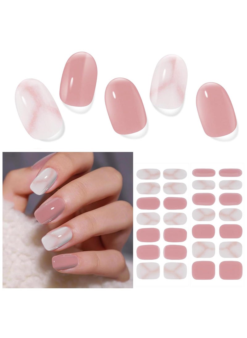 28pcs Semi Cured Gel Nail Strips, Gel Nail Stickers Kit Work with Any UV Nail Lamps, Long Lasting Gel Nail Wraps for Girl Women, Includes Prep Pads, Nail File & Wood Stick(Sweet Marble)