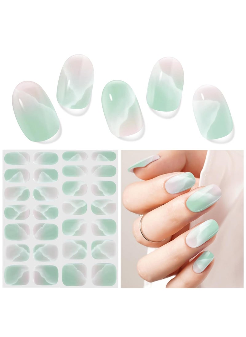 Semi Cured Gel Nail Strips, Green waves| 28 pcs Chinese Style Gel Nail Strips Work with Any UV Lamp, Salon Quality New chinese nail stickers, Include Prep Pads, Nail File&Wood Stick