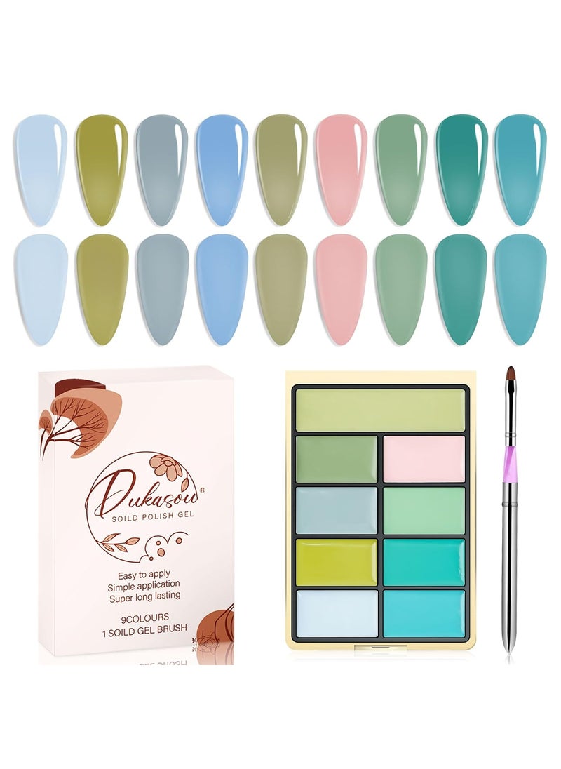 Solid Gel Nail Polish Set, 9 Colors Green Blue Solid Cream Gel Polish Palette, All Season Solid Nail Gel Polish with Brush, UV Gel Nail Polish Palette for Women DIY Manicure