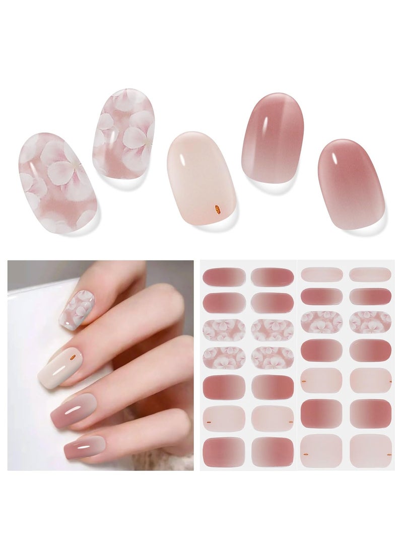 28pcs Semi Cured Gel Nail Strips, Gel Nail Stickers Kit Work with Any UV Nail Lamps, Long Lasting Gel Nail Wraps for Girl Women, Includes Prep Pads, Nail File & Wood Stick(Pink Flower)