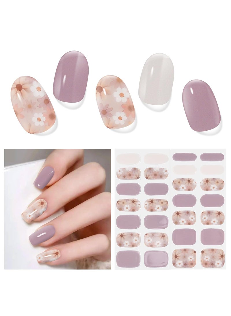 28pcs Semi Cured Gel Nail Strips, Gel Nail Stickers Kit Work with Any UV Nail Lamps, Long Lasting Gel Nail Wraps for Girl Women, Includes Prep Pads, Nail File & Wood Stick(Purple Flower)