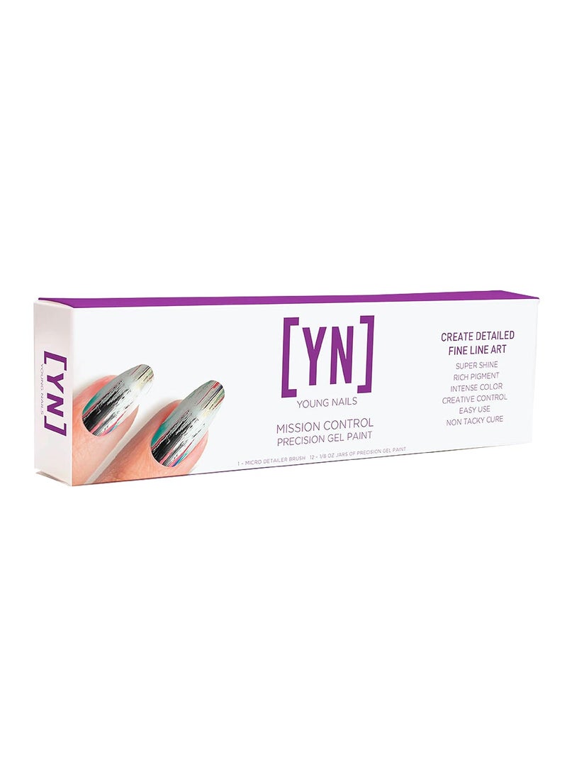 Young Nails Mission Control Precision Gel Kit. Gel Paint for Nail Art, Cure with LED Light. Brush & 12 Assorted Colors for Natural & Artificial Nails