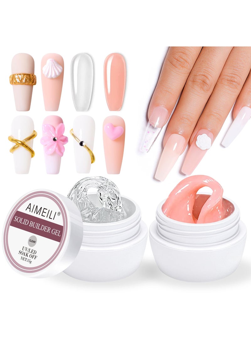 AIMEILI Solid Builder Nail Gel, 2pcs Clear Nude Nail Extension Gel Solid Sculpture Gel Hard Gel for Nails, Nail Carving Gel, Rhinestones Glue Gel, Solid Nail Building Gel Nail
