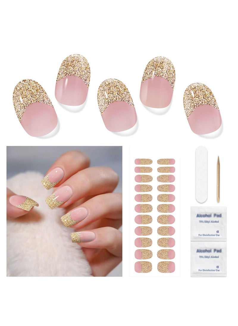 Gel Nail Strips for Women(No UV Light Needed), 22Pcs French Gold Glitter Gel Nail Stickers Kit, Gel Nail Wraps Fit for Home Travel Party Wedding, Includes Prep Pads, Nail File & Wood Stick