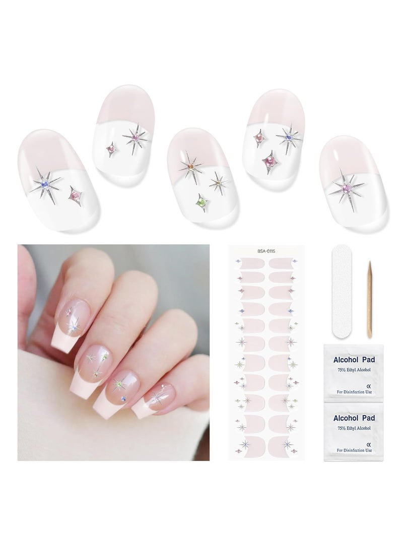 Gel Nail Stickers No UV Light Needed, 22Pcs Gel Nail Strips Set, Gel Nail Wraps for Women, Salon Quality Nail Polish Strips, Includes Prep Pads, Nail File & Wood Stick(Clear French Stars)