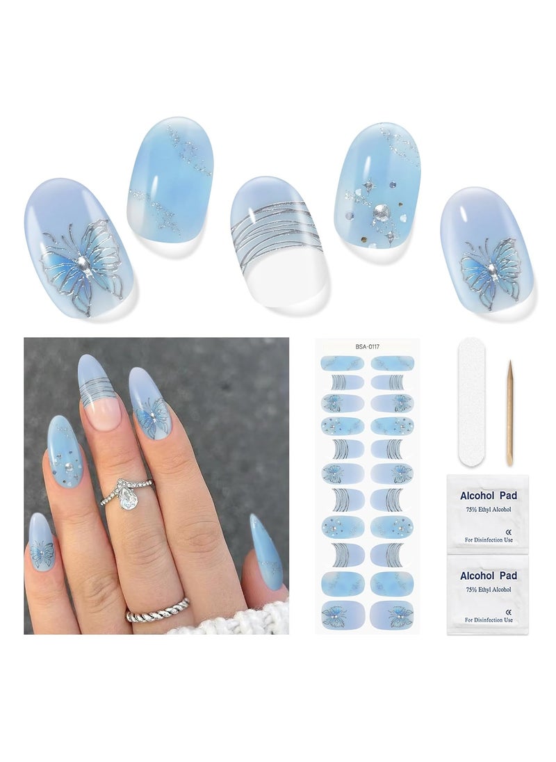 Gel Nail Stickers No UV Light Needed, 22Pcs Gel Nail Strips Set, Gel Nail Wraps for Women, Salon Quality Nail Polish Strips, Includes Prep Pads, Nail File & Wood Stick(Blue Butterfly)