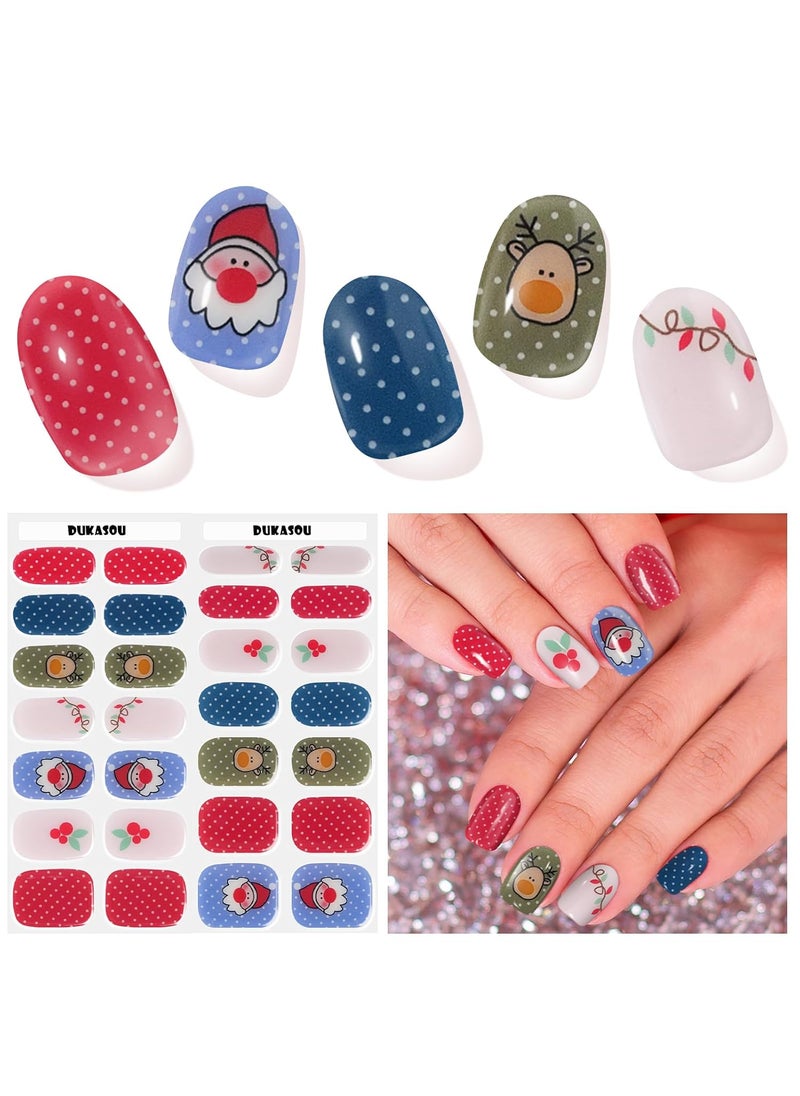 Christmas Semi Cured Gel Nail Strips, 28pcs Santa Claus Gel Nail Strips Work with Any UV Lamp, Gel Nail Stickers for Christmas Party Gifts DIY, Includes Prep Pads, Nail File & Wood Stick